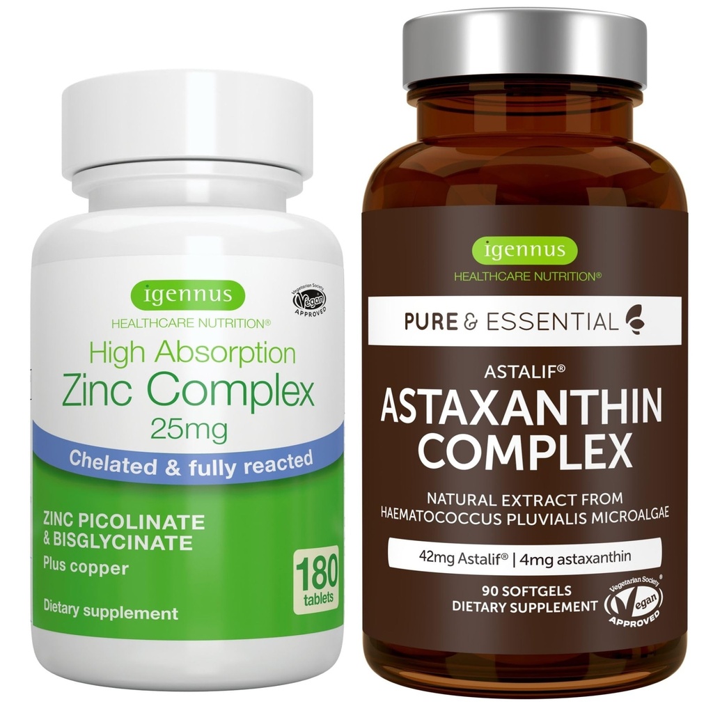 Astaxanthin Complex + Zinc Complex Vegan Bundle, Support Antioxydant pour la peau, les cheveux et les ongles, par Igennus