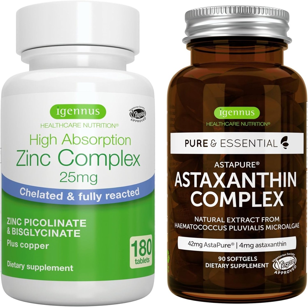 Astaxanthin Complex + Zink Complex Vegan Bundle, Antioxidans Unterstützung für Haut, Haar & Nägel, von Igennus