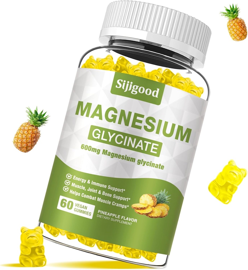 Magnesium Glycinate Gummi 600mg, Relaxation & Zzz Support, Magnesium Kalium Supplement für Erwachsene und Kinder Zuckerfrei, Vitamin C, B6 und CoQ10 Ananas Flavor, 60 Zähler