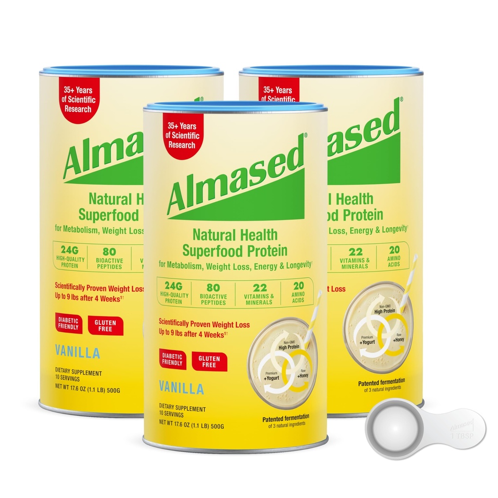 Almased Protein Pulver für Weight Loss Kit für Männer & Frauen, natürliches Meal Ersatz Shake für Weight Loss, Supplement, 24 Gramm Protein Per Serving (Almond Vanilla Flavor, 3 Cans @ 17.6 oz ea + Scoop)