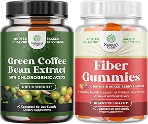Bundle Pure Green Coffee Bean Extract mit 50% Chlorogenic Säure für Antioxidant Herz Gesundheit Mental Fokus und Tasty Fiber Gummies mit Prebiotic Soluble Chicory Root für Immunität Verdauungsunterstützung