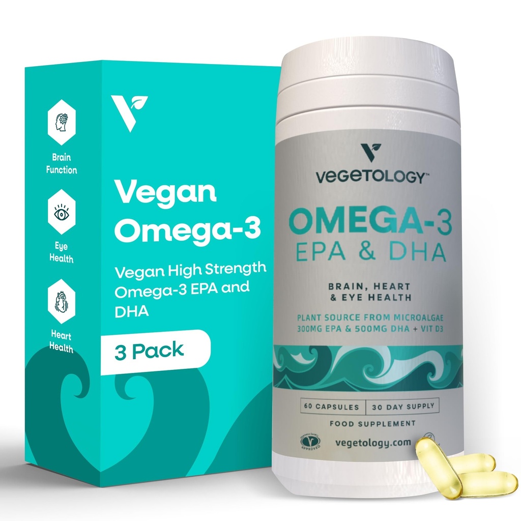 Vegan Omega 3 Supplement – EPA, DHA-Ergänzungen & Vitamin D3 – Algae Omega 3 Vegan-Ergänzungen für Gehirn, Augen- und Herzgesundheit – für Kinder & Erwachsene (180 Kapseln)