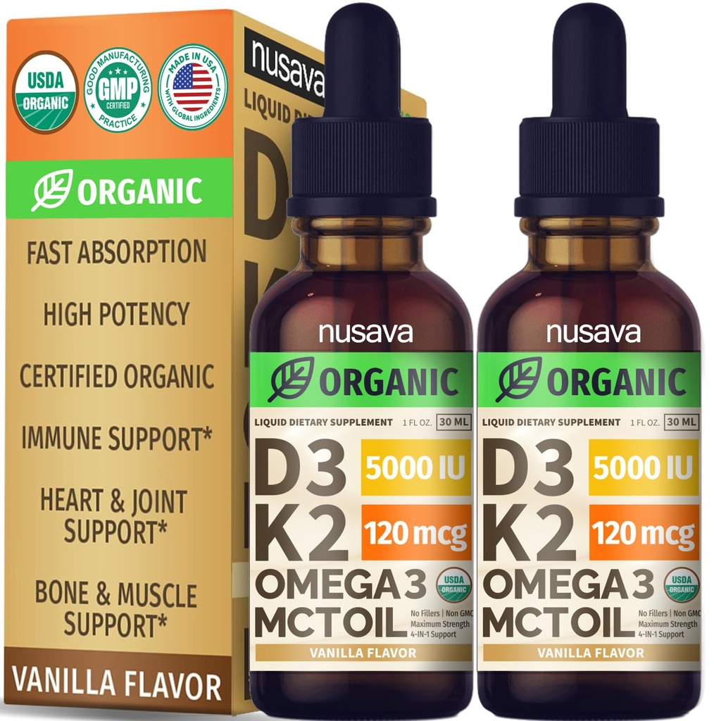 (2 Pack) Organic Vitamin D3 K2 Drops with MCT Oil & Omega 3 - Liquid Vitamin D3 5000 IU - K2 D3 Vitamin Supplement - Vitamin D Drops for Women & Men - No Fillers, Non-GMO, GMP, Vanilla (2 Fl Oz)