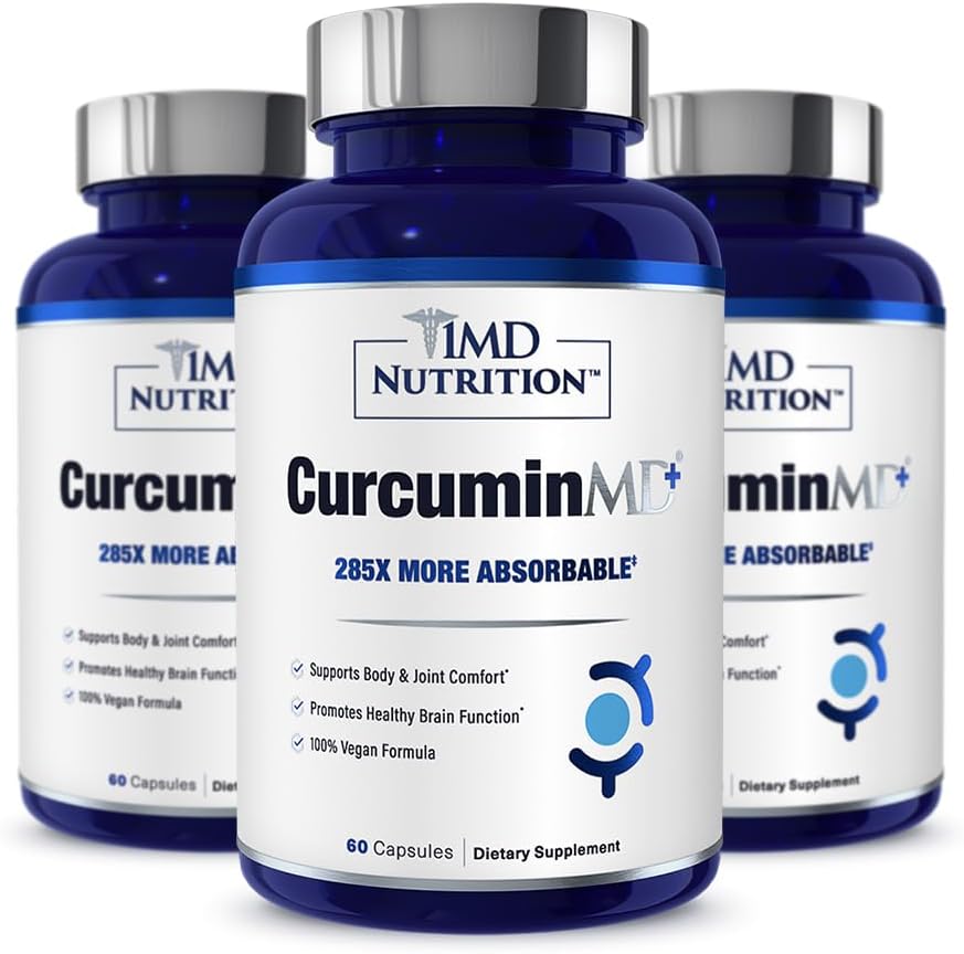 1MD Nutrition CurcuminMD Plus - Kurkuma mit Boswellia Serrata - 285x Mehr absorbierbar | Gelenkschwierigkeit, Muskelrückgewinnung und Mood Unterstützung | 180 Kapseln (3-Pack)