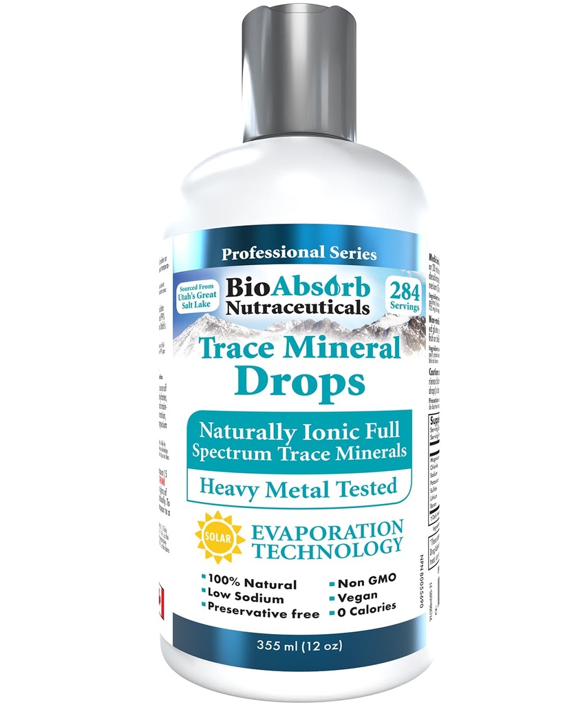 Bio-Absorb Trace Mineral Tropfen. Heavy Metal Tested. 284 Servings of Organic Trace Minerals from Concentrated Utah's GSL Sea Water. 125mg Ionic Magnesium (12 oz)