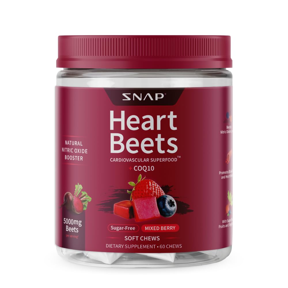 Snap Supplements Heart Beets Organic Beet Root Soft Chews, Cardiovascular Support Supplement für Herren & Frauen, CoQ10 & Red Spinat, Herzgesundheit & Zirkulation Unterstützung, Zuckerfrei, Mischbeere, 60 Chews