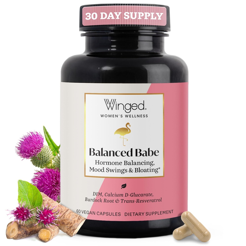 Winged Wellness Balance Babe, Hormon Balance & Estrogen Detox Ergänzung für Frauen - 100mg DIM & Calcium D-Glucarate & Milchdistel für PMS Bloating, Cramps, Mood & Hormonelle Akne Unterstützung, 60 Kapseln