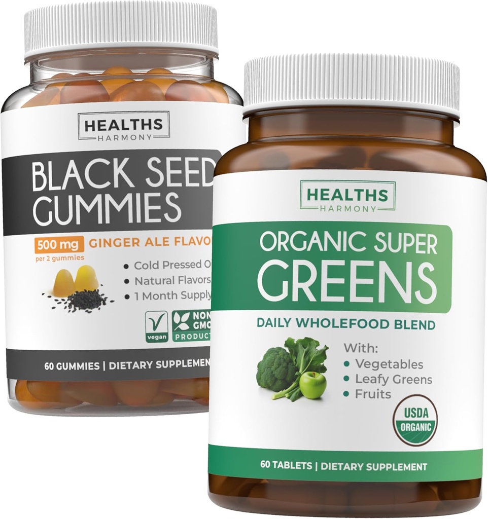 Black Seed Oil Gummis & Super Greens (1-Monat) - Daily Green Boost - Black Seed Oil Gummis Ginger Ale Flavor Cold-Pressed Nigella Sativa & Organic Super Greens Complete Super Food Supplement