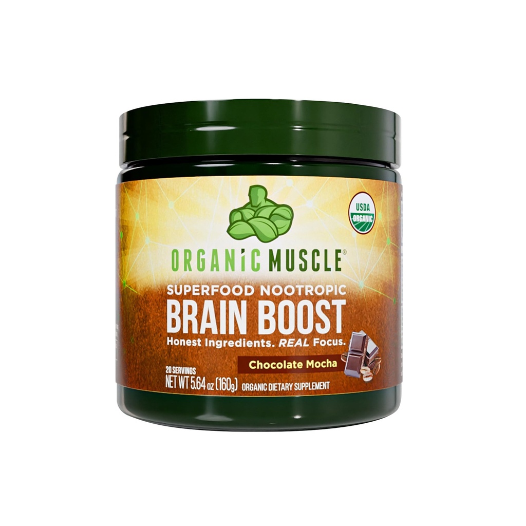 Bio Muscle Brain Boost Nootropics Blend - Vegan & Bio Superfood Suppléments Santé pour Focus, Mémoire et Productivité avec Ashwagandha, Ginkgo & Ginseng - Chocolate Flavor, 20 portions