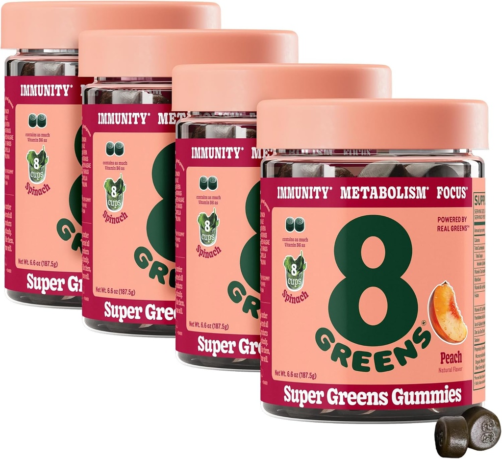 8Greens Supergreens Gummies de poudre Super Greens Superfood Gummy pour le métabolisme, l'immunité et le focus, enzymes de santé digestive, biologique: Chlorella, Spiruline, Aloe Vera, Peach Flavor, 200 Comte
