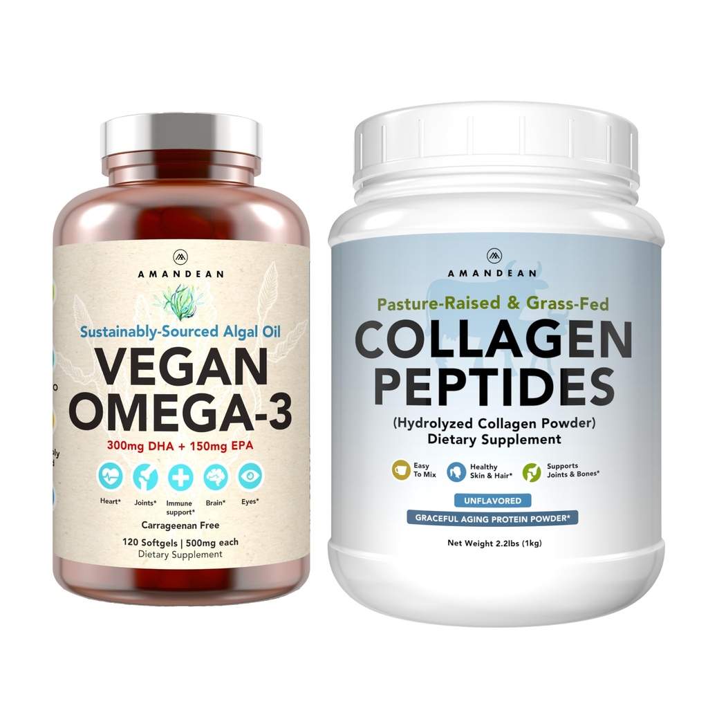 Gesunde Haut & Gelenke Bundle - Premium Vegan Omega-3 (120 Kapseln) von Marine Algae + Grass-Fed Collagen Peptide Pulver (1kg - 100 Servierungen) Non-GMO. Radiant Skin, Gelenke, Knochen und gnädige Alterung