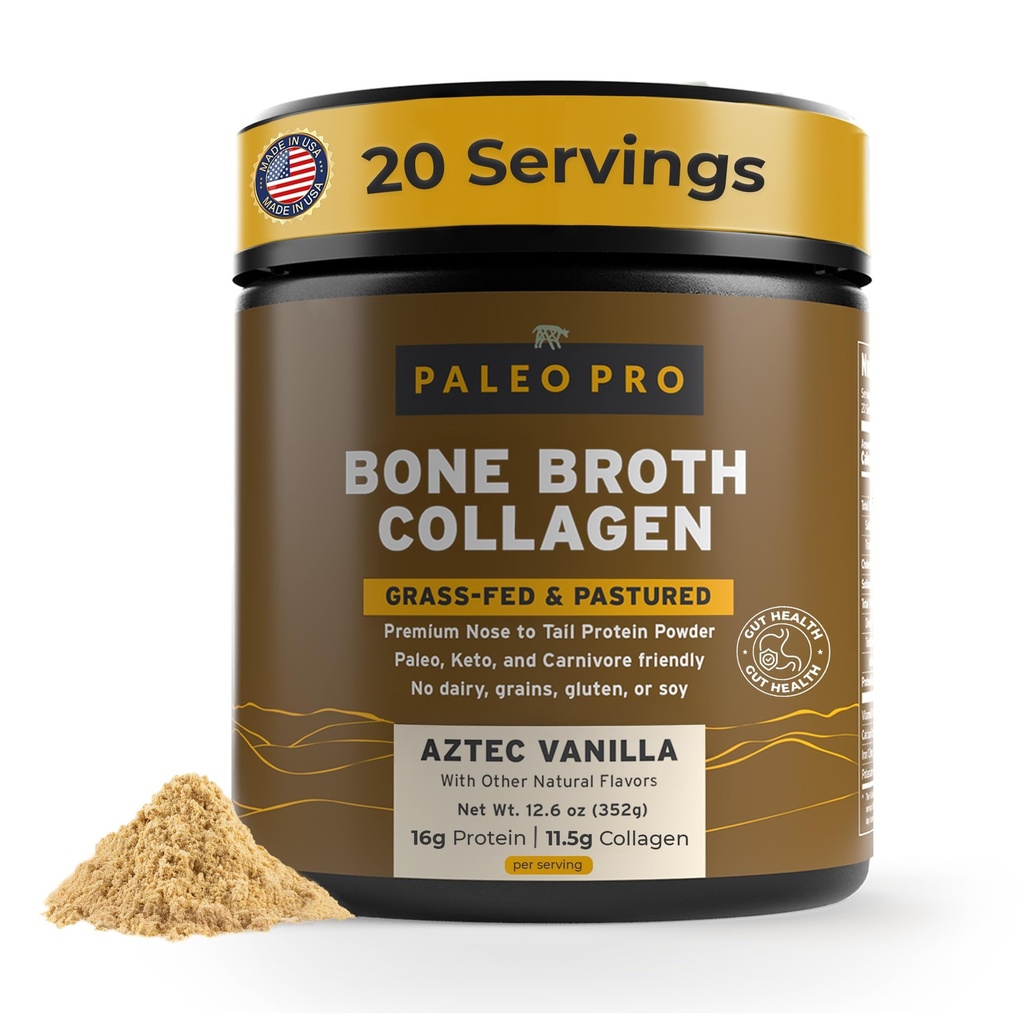 PaleoPro Bone Broth Poudre de protéines de collagène - Poudre de collagène à racine curcuma pour la peau et les os - Sans gluten, sans sucre, sans soja, sans grains, sans glucides - Paleo Keto Friendly 20 portions