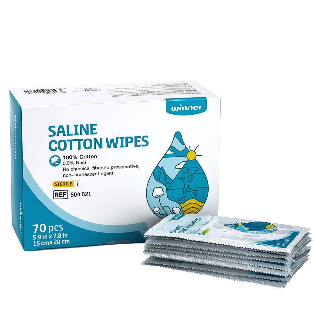Winner Sterile Saline Wipes, 6" x 8" Large Personal Care Wipes, Gentle Saline Pads für Piercings, Multi-Purpose für empfindliche Augen und Gesicht, Individuell Wrapped, 70 Count