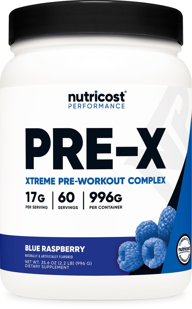 Nutricost Pre-X Xtreme Pre-Workout complexe poudre, framboise bleue, 60 portions, végétarien, non-OGM et sans gluten