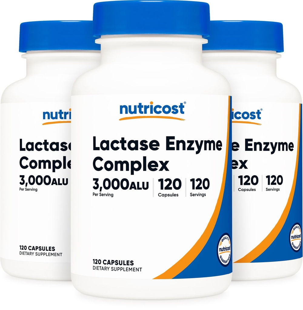 Nutricost Lactase Enzyme Complex 3.000 FCC ALU, 120 Veggie Kapseln - Non-GMO, Glutenfrei, 120 Portionen (3 Flaschen)