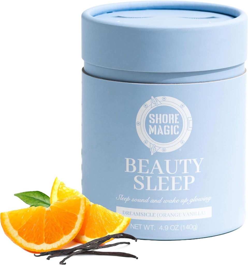 Shore Magic Beauty Dormir avec le collagène marin Premium – Peptides de type I-IV hydrolysés avec Magnésium et L-Theanine, favorise la détente et le sommeil reposant, orange-Vanilla parfum, sans sucre, sans mélatonine