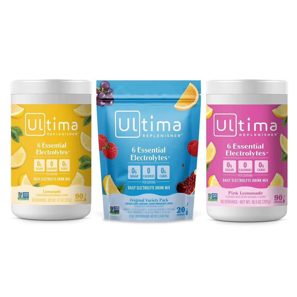 Ultima Replenisher Electrolyte Powder Drink Mix Bundle – Sugar Free – Lemonade, Pink Lemonade, Variety-90 Servierungen, 20 Stickpacks– 6 Elektrolyte und Mineralstoffe – Keto Friendly, Vegan, Non-GMO