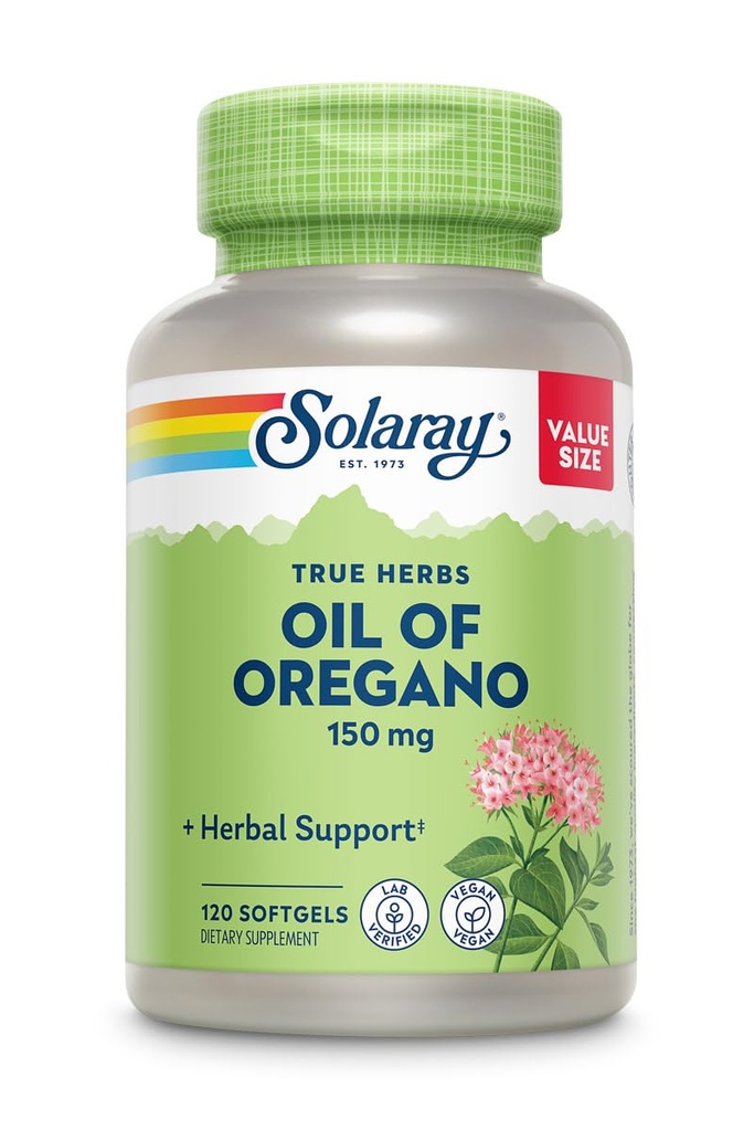 SOLARAY Öl von Oregano Softgels 150 mg - Oregano Ölergänzung für Leistungsstarke Wellness-Unterstützung - Sanfte Verdauung - Extra Virgin Olivenöl Basis - Vegan, 60-Tage Garantie - 120 Servietten, 120 Softgels