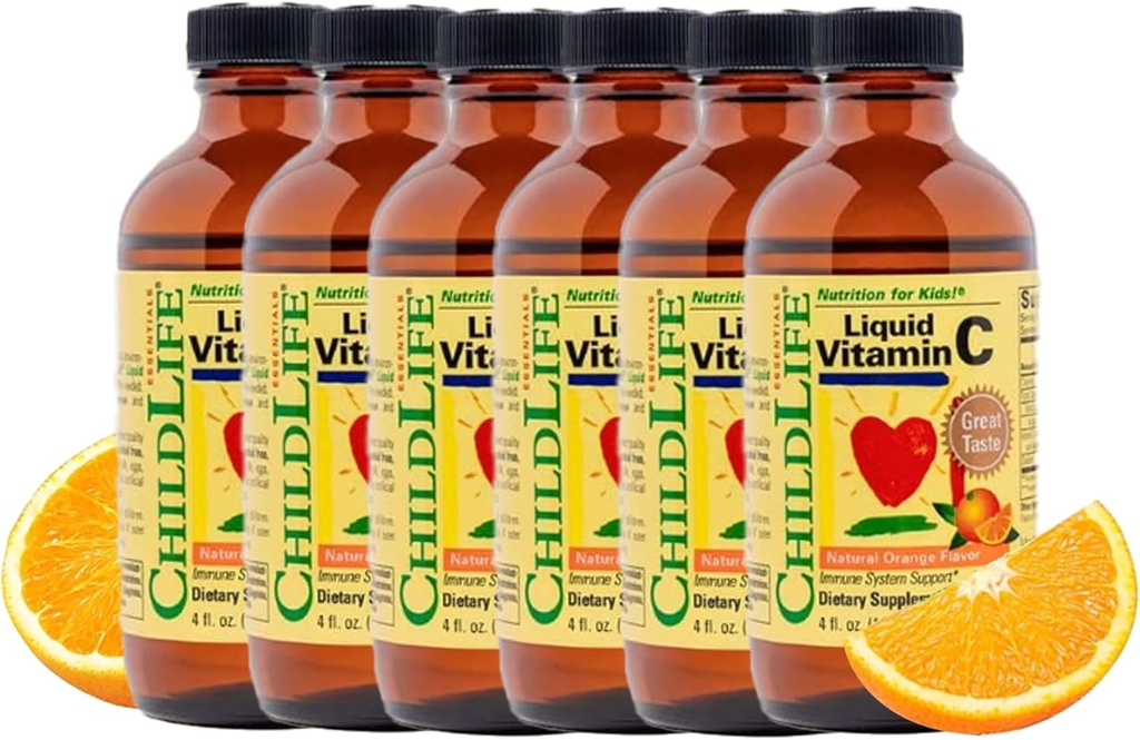 ESSENTIELS ENFANT Vitamine liquide C - supplément liquide de vitamine C pure pour les enfants, système immunitaire de soutien, grand goût - saveur d'orange naturelle, 4 Fl Oz (paquet de 6)
