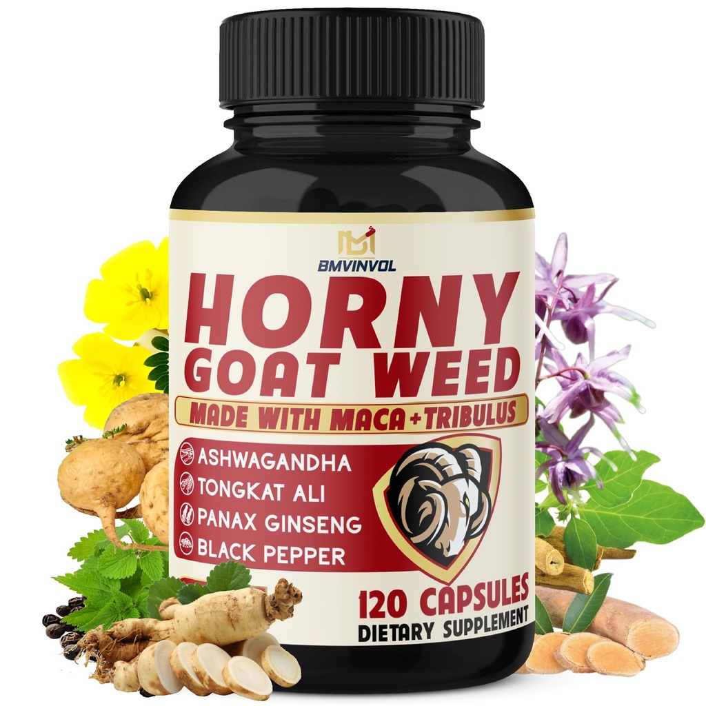 BMVINVOL Horny Goat Weed für Männer und Frauen mit Maca, Tribulus, Ginseng, Ashwagandha, Tongkat Ali - 120 Kapseln für 4 Monate Versorgung