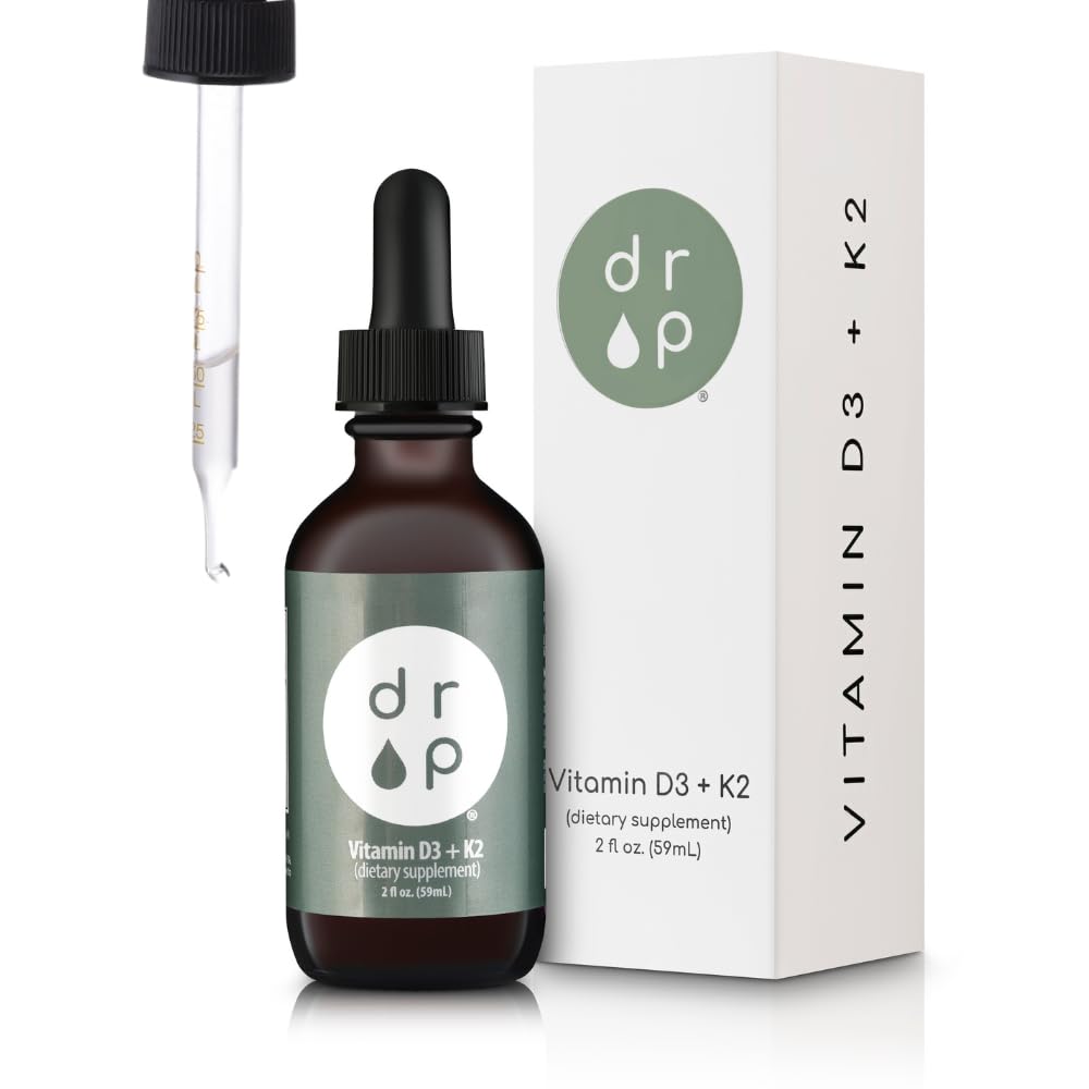 Vitamin D3 + K2 Tropfen mit 1000 IU pflanzlichen D3 und 45 mcg K2, 2 oz flüssige Ergänzung für Knochenfestigkeit, verbesserte Stimmung - keine künstlichen Konservierungsstoffe, entflammt, mit Kokosnuss-MCT-Öl