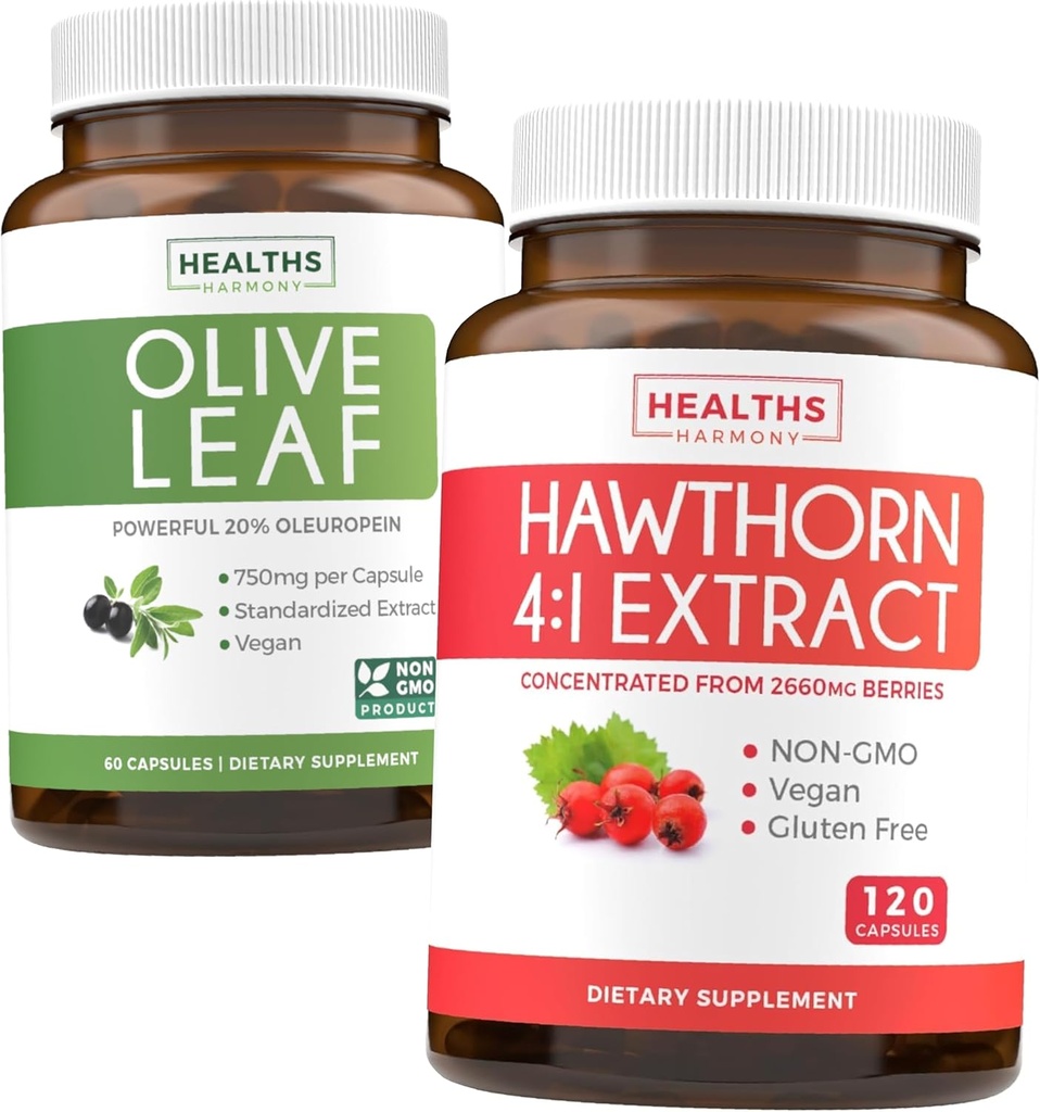 Bundle Olive Leaf Extract & Hawthorn Berry Extarct - Gesunde Kräuter Bundle - Olive Leaf Extract mit 20% Oleuropein & Hawthorn Berry 4:1 Extrakt - Konzentriert von 2660mg Frische Beeren (120 Caps)
