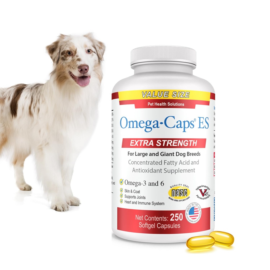 Omega-Caps ES für große und riesige Hunde - Omega 3, Vitamine, Mineralien, Antioxidantien - Unterstützung Immunsystem, Gelenke, Herz und Gehirn - 250 Softgel Kapseln
