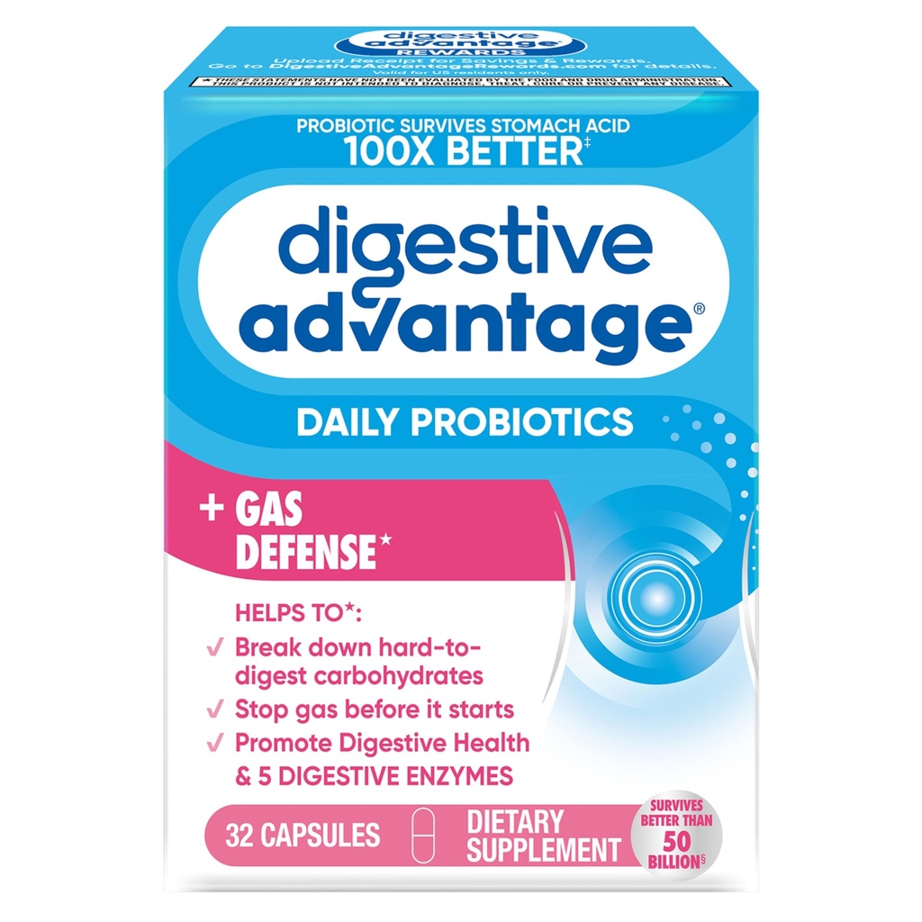 Enzyme digestif et Probiotique Capsule- Avantage digestif 32 Capsules, Survive 100x Mieux que 50 milliards de CFU réguliers, Découpe les aliments, aide à prévenir le gaz