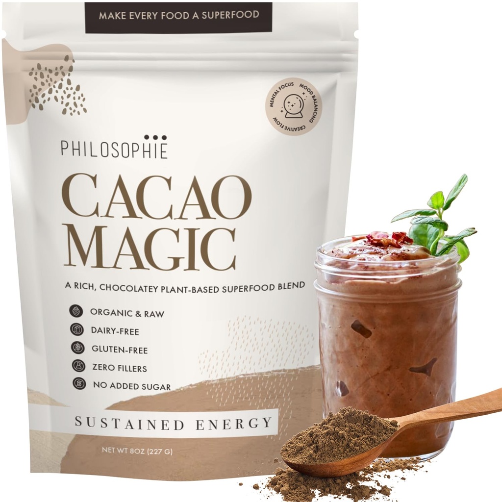 Philosophie Organic Cacao Magic Superfood Blend – Pflanzenbasiertes Proteinpulver mit Roh Cacao, Reishi Mushroom & Maca Root – Unsweetened Vegan Chocolate Supplement, 32 Portionen