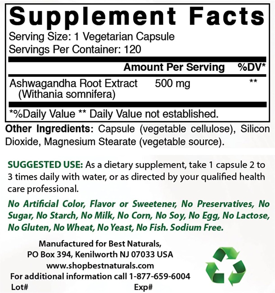Meilleur extrait naturel Ashwagandha 500 Mg & Zinc Gluconate 50mg