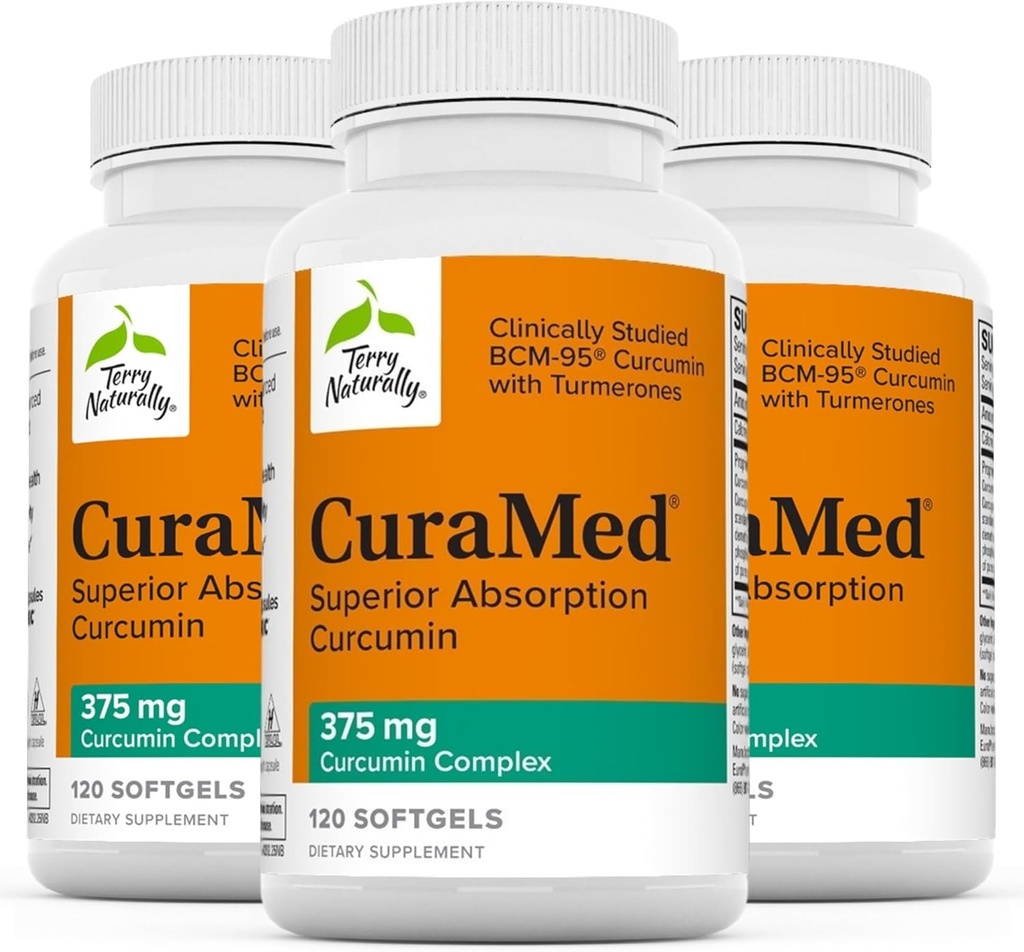 Terry naturellement CuraMed 375mg - Supplément antioxydant pour le cerveau et le soutien de la santé immunitaire - Supplément alimentaire avec Curcumine et huile essentielle curcumine et curcuma - soutien du foie à base de plantes - 120 Softgels (paquet de 3)