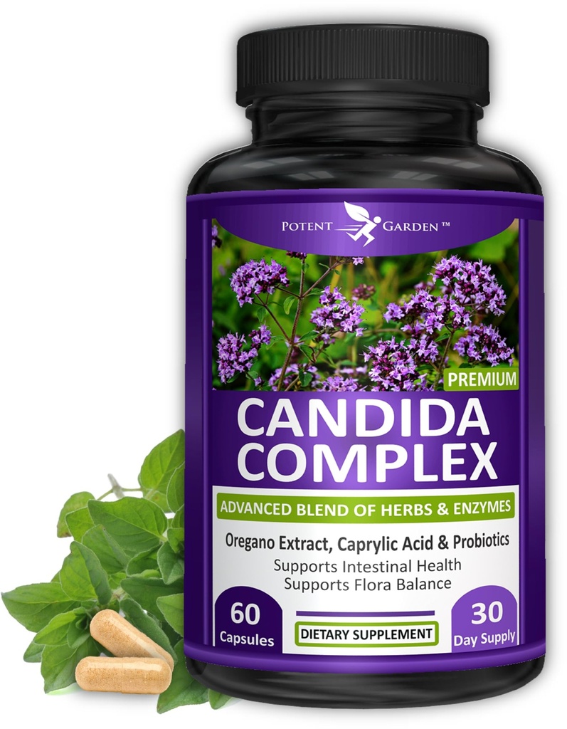 Potent Garden Candida Complex - Origan et mélange d'acide caprylique, Gut Flora Balance Complex, Intestinal Health & Immune Support avec des herbes et des probiotiques, Gut Health Suppléments pour les femmes et les hommes 60 Compte