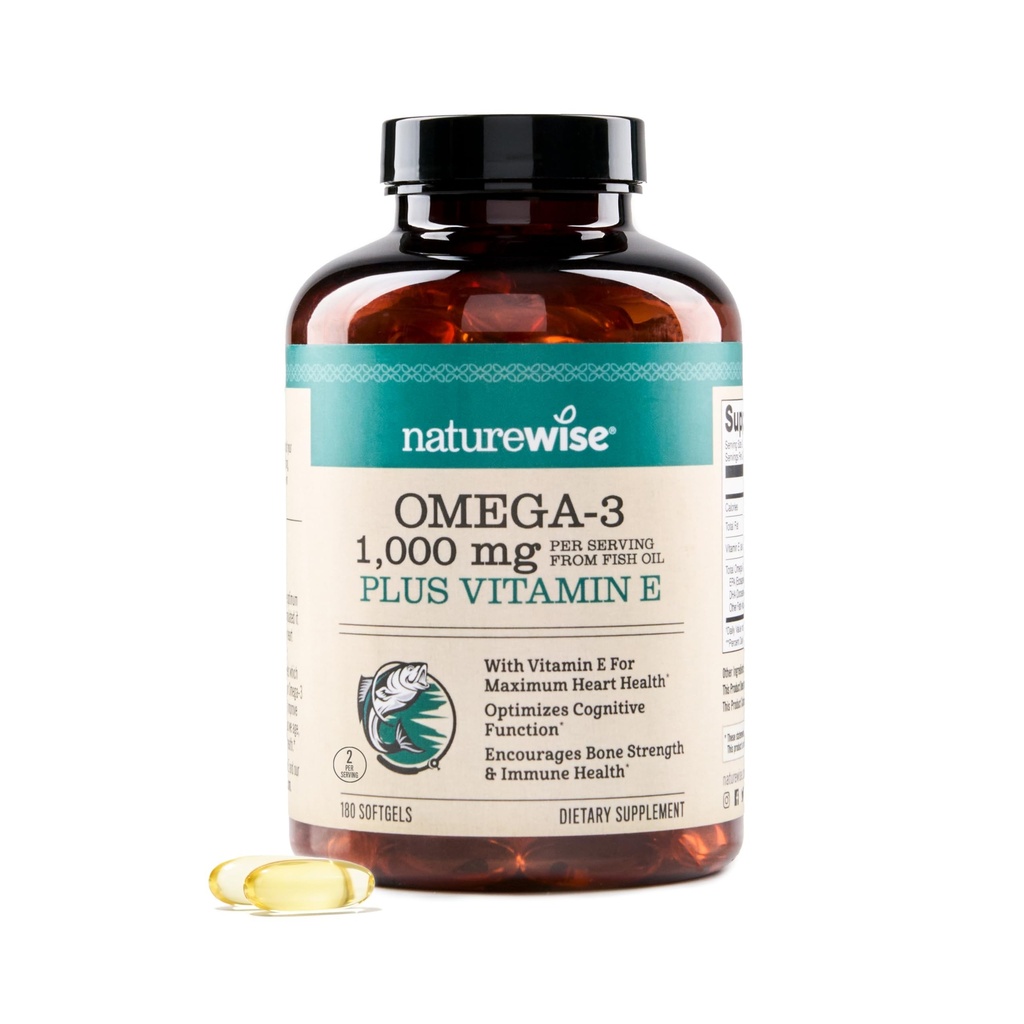 NatureWise Extra-Strength Omega 3 Fischöl-Ergänzung - 1000mg pro Servierung - 600 EPA & 400 DHA und Vitamin E - Unterstützung für Herz- und Hirngesundheit - Zitronengeschmack, GMO-frei - 180 Softgels[3-Monat-Versorgung]