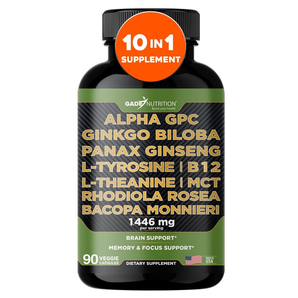 Gade Nutrition Alpha GPC + Ginkgo Biloba + Panax Ginseng + L- Tyrosin, L-Theanine, Bocopa Monnieri, Rhodiola Rosea, B12, MCT