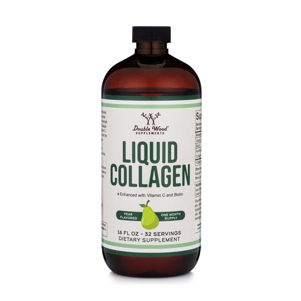 Doubles suppléments de bois Collagène liquide - 2500mg de collagène bovin hydrolysé (type 1, 3 et gazonné) - 32 portions - pour les femmes et les hommes - 30 mcg de biotine - Farine de poire sans sucre