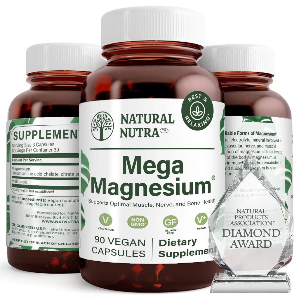 Natürliche Nutra Mega Magnesium 400mg Ergänzung - hohe Absorption Aminosäure Chelat, bessere Vibes, Citrat, Malate Blend für Muskelwachstum, Knochenstärke, Herzgesundheit, Nervenunterstützung - 90 Kapseln