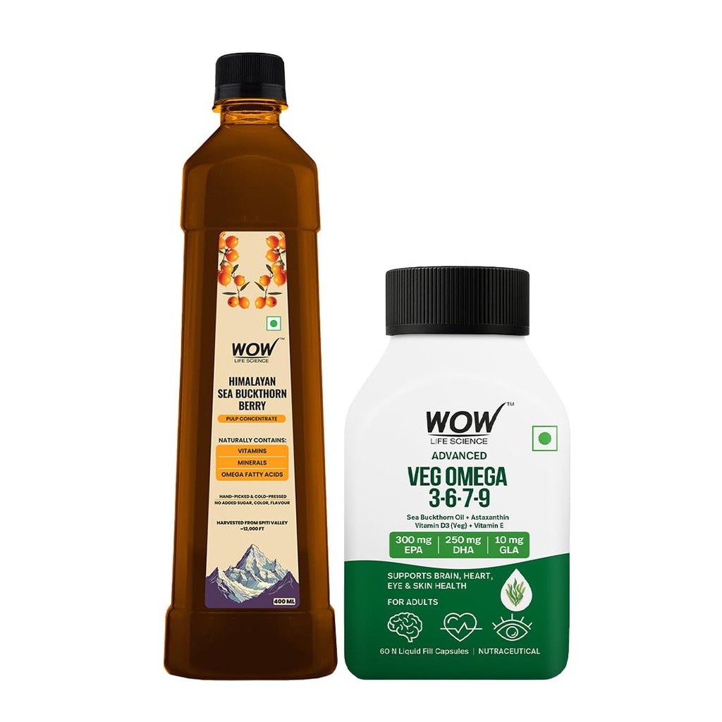 WOW Life Science Sea Buckthorn Berry Pulp Concentrate 400 ml + Advanced Veg Omega 3-6-7-9 Capsules | Himalayan Berry + Algae Sourced EPA DHA | Daily Plant Based Wellness Combo