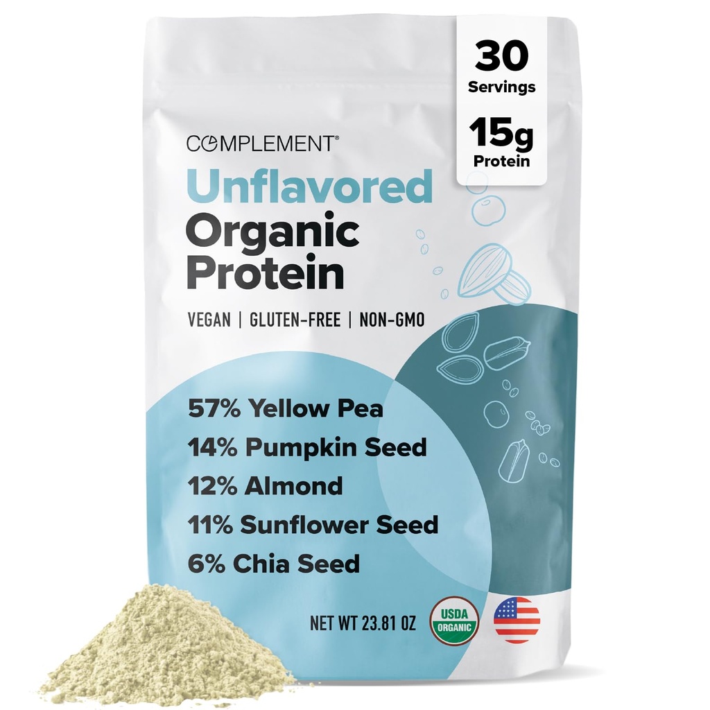 Komplement Organic Unflavored Vegan Protein Powder (30 Servierungen) Low Carb, Low Calorie, Sugar Free, Soy Free, Non-GMO, Glutenfrei, Non Dairy- Yellow Pea, Kürbis Seed- 15g Pflanzenbasiertes Proteinpulver