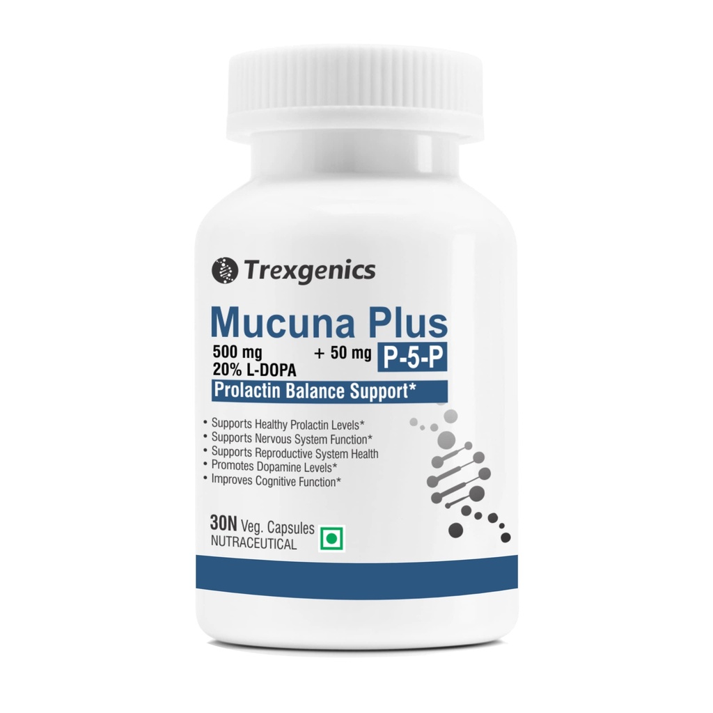 Trexgenics MUCUNA 20% L-DOPA 500 mg, P5P 50 mg Prolactin Support, Cognitive Function VEGAN & NON-GMO (30 Veg. Capsules) (Pack of 1)