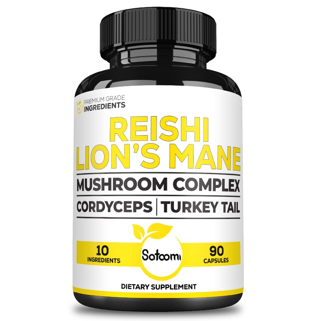 Satoomi Reishi Supplement Complex 5000Mg - 10in1 Kombiniert mit Lions Mane, Cordyceps Sinensis, Chaga Mushroom & Others - 90 Kapseln für 3 Monate
