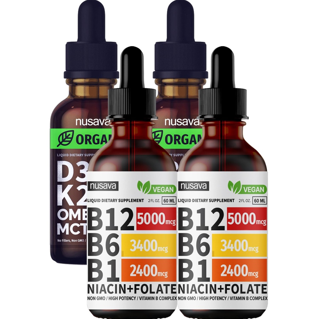 NUSAVA Vitamin B12 Flüssigkeitstropfen und entflammte D3 K2 Bundle - Potente flüssige Vitamine für Herz, Gelenk, Energie und Immununterstützung - Non-GMO, Gluten-Free, 2pk Jeder