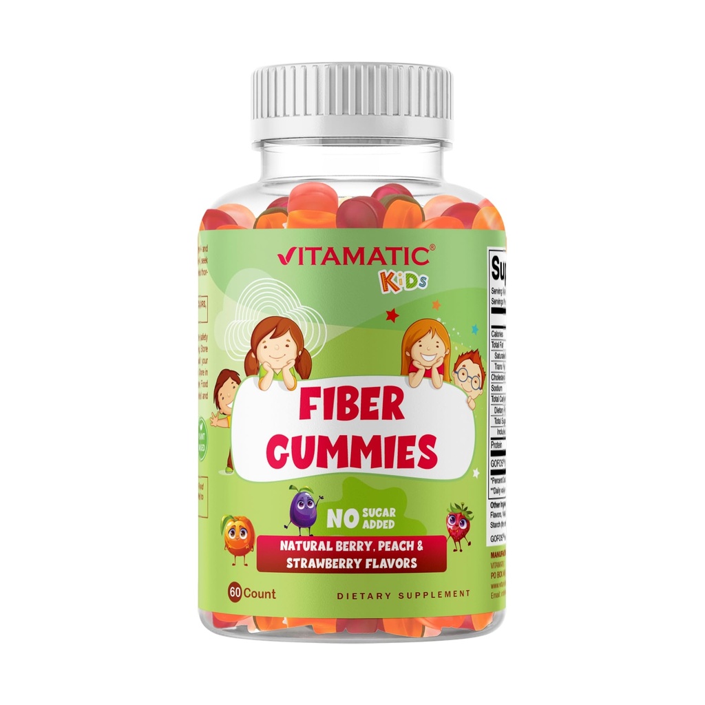 Enfants Vitamatic Gommies de fibre prébiotique – Fibre supplémentaire de 4g de force – Zéro sucre ajouté – 60 Gommies à base de pectines – Digestion santé et soutien à la régularité