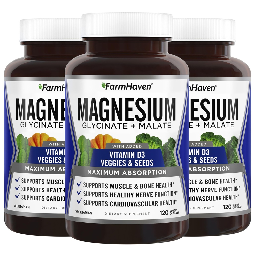 FarmHaven Magnésium Glycinate & Malate Complex w/ Vitamine D3, 100% Chélaté pour l'absorption maximale, végétalien – santé des os, nerfs, muscles, 360 capsules, 180 jours