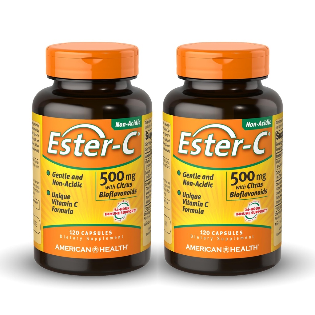 American Health Ester-C 500 mg avec agrumes Bioflavonoïdes - 120 capsules (paquet de 2) - Support immunitaire 24 heures sur 24 - Non-OGM, sans gluten - 120 portions totales