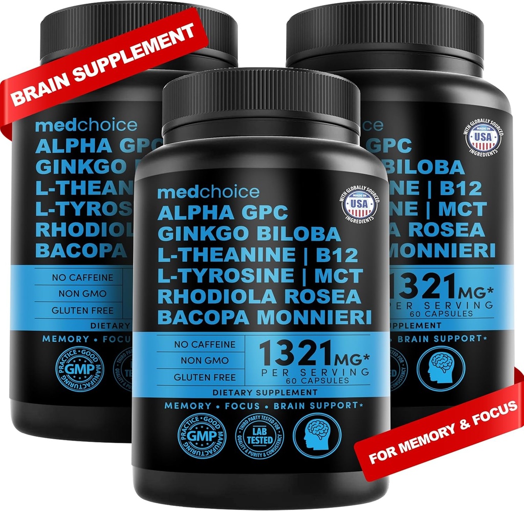 12-in-1 Nootropic Brain Supplement Anhydrous: Ginkgo Biloba für Gehirnunterstützung, Gedächtnis und Fokus - B12, Alpha GPC, L Theanin und Choline Ergänzungen mit Bioperine Non Koffeiniert 1321mg (180ct)