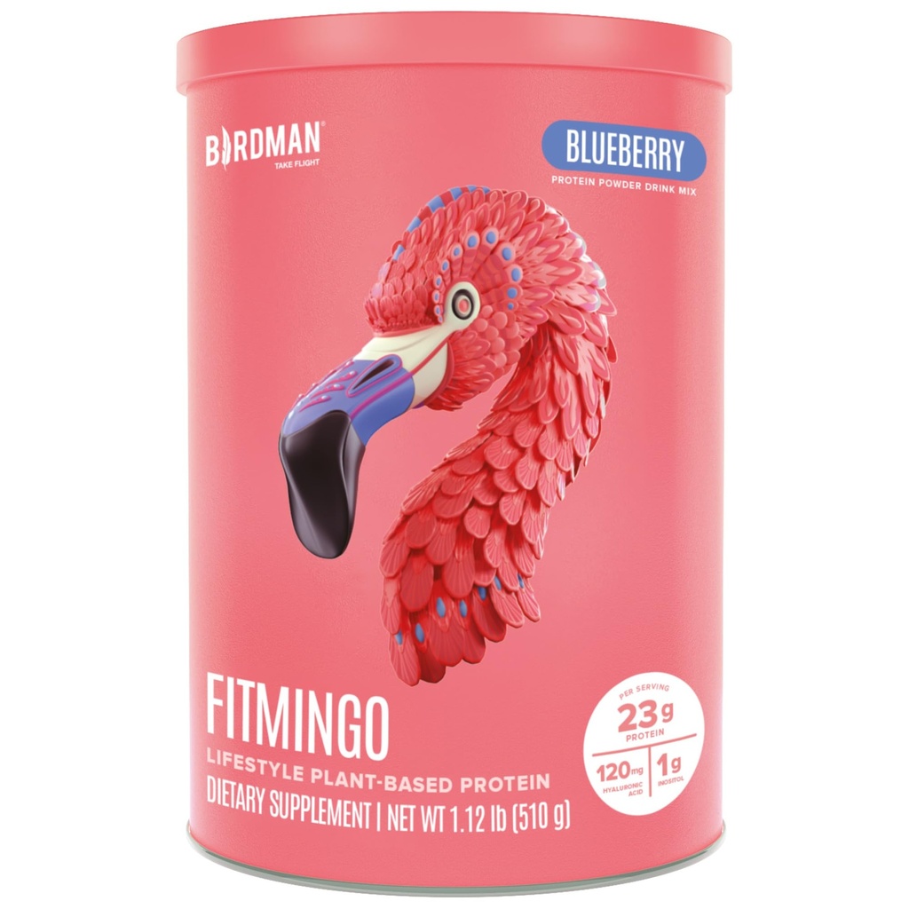 BIRDMAN Fitmingo Vegan Protein Pulver mit Inositol, Collagen Boosters, Hyaluronsäure und Vitamine | Low Carb, Dairy Free, Low Calorie | 23g Plant Based Blueberry Protein Pulver mit Myo-Inositol
