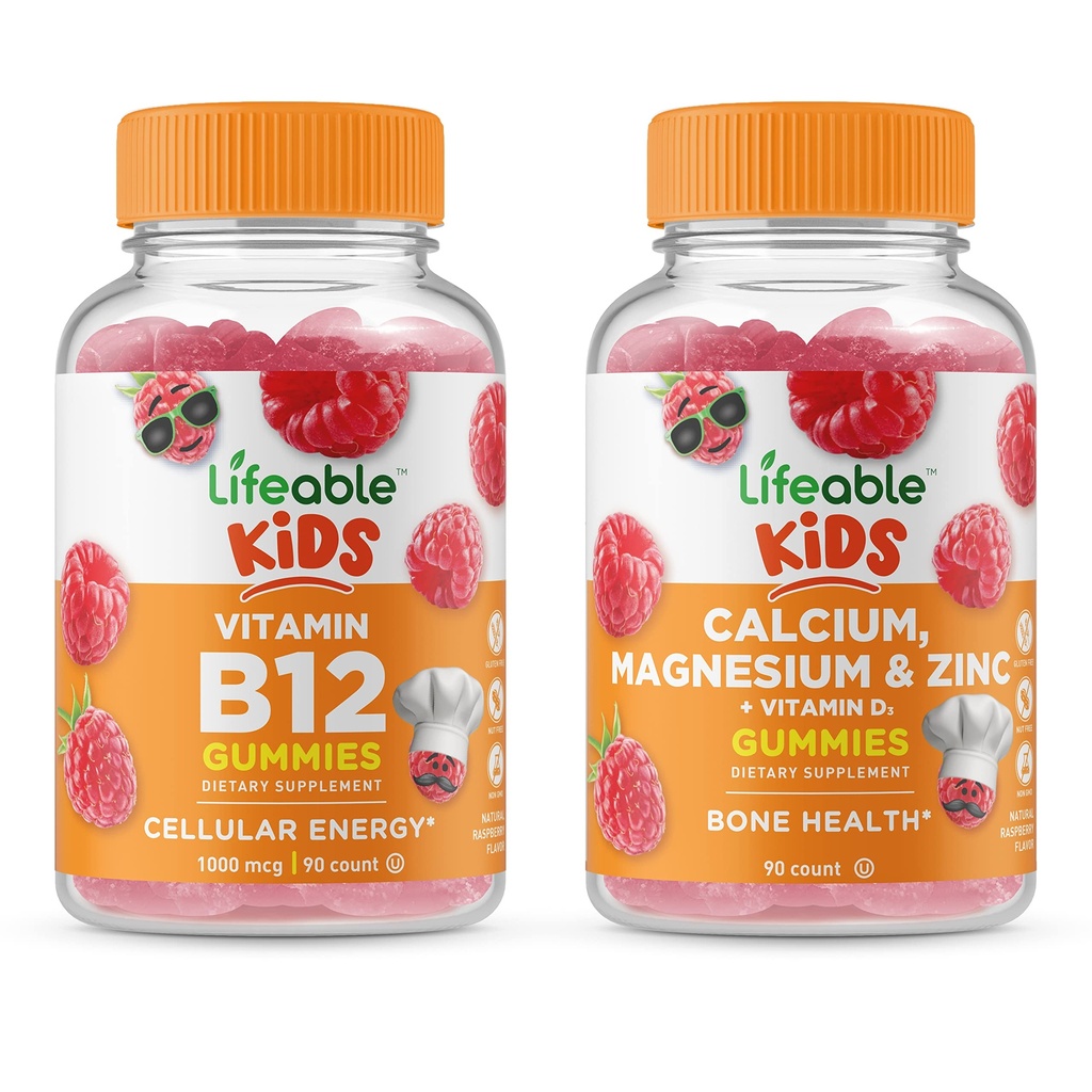 Lebensfähiges Vitamin B12 Kinder + Calcium Magnesium & Zink Kinder, Gummis Bundle - Große Verkostung, Vitamin-Ergänzung, Glutenfrei, GVOfrei, Kaugummi