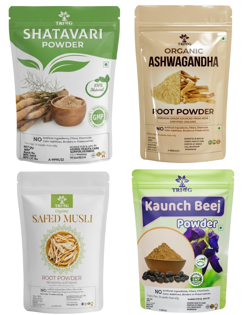 Safed Musli, Ashwagandha, Kaunch, Shatavari Powder Combo - Herbal Supplement - 4 Items (100gm(eachPack))