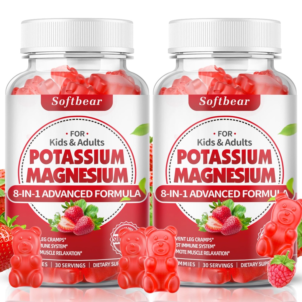 softbear Gommies de potassium pour adultes, supplément de potassium de magnésium à haute absorption avec vitamine B6 pour les crampes des jambes et la santé musculaire Fraise végétalienne sans sucre 120 Gommies