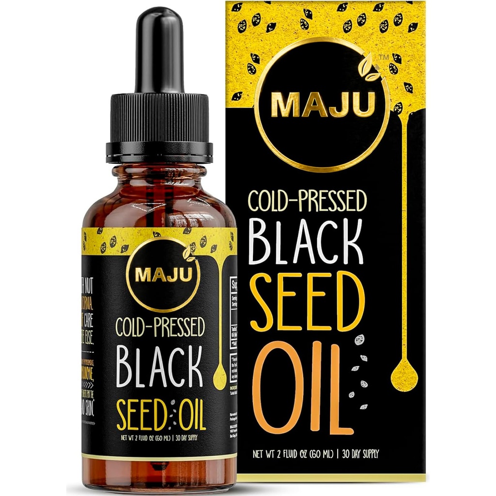 Huile de graines noires Maju Superfoods - 3 fois TQ, pressé à froid, taille de voyage, 100 % huile de graines de cumin noir turc, pur liquide, bouteille de verre, 2 Oz